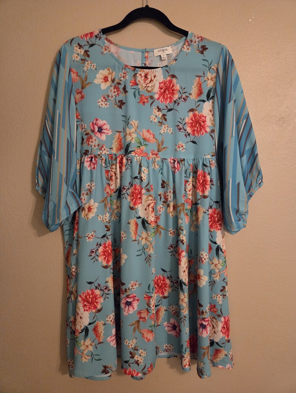 UMGEE Teal Blue Floral Multicolor Print Balloon Sleeve Scoop Neck Tunic Dress M - Picture 2 of 13